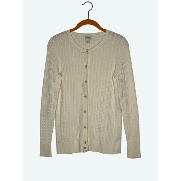 L.L. Bean Cotton Wool Blend Cable Knit Button Front Cardigan Cream Size Small - Picture 1 of 7